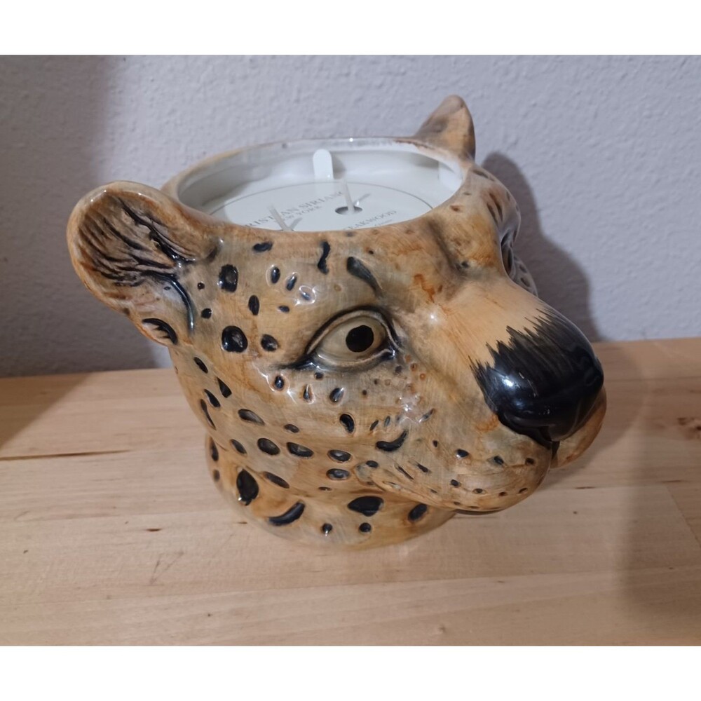 christian siriano 23.5 oz Leopard Head Ceramic Candle Mahogany Teakwood
